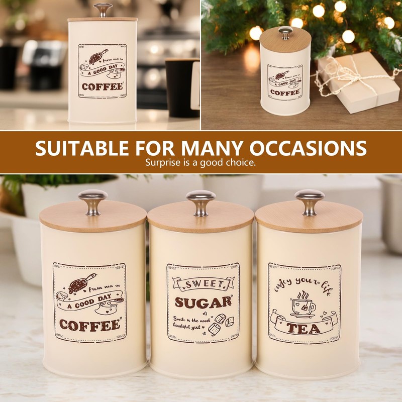 UKQRRTC 3 Pack Metal Coffee Sugar Tea Canister Set, Large