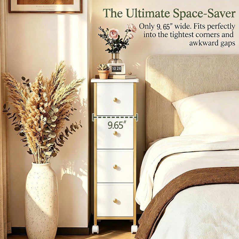 Narrow Side Table with 4 Fabric Drawer, Slim BedsideTable for