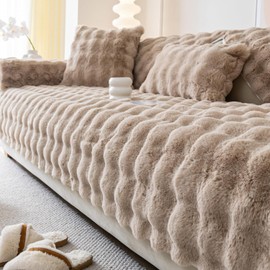 tianxinbaobei Faux Fur Couch Cover,Rabbit Plush Couch Cover,Non-Slip Couch Cover Furniture Protector(Cream, 36"x70"/3-Seater Sofa Cover)