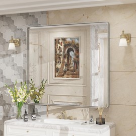 CHARMOR 40x36 Inch Brushed Nickel Bathroom Mirror for Wall, Rounded Rectangle Silver Framed Bathroom Vanity Mirror, Anti-Rust, Shatterproof, Hangs Horizontally or Vertically