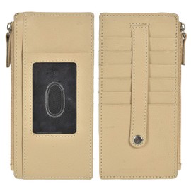 Leatherboss Genuine Leather Women's All in One Credit Business Card Case Holder Slim Zipper Wallet With a Card Protection Strap, Beige