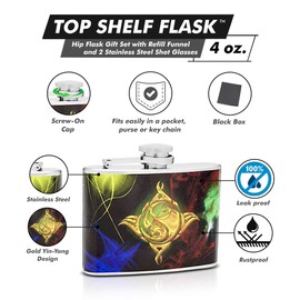 Hip Flask Holding 4 oz - Yin-Yang Design - Pocket Size, Stainless Steel, Leak Proof, Screw-On Cap - Gold, Blue, Green, Red and Yellow Wrapped Vinyl Finish - Black Gift Box Included