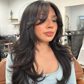 Jolelyne Layered Wavy Wigs with Curtain Bangs for Women Snythetic Butterfly Haircut Natural Black Wig with Bangs Hair Wig for Women Layered Straight Heat Resistant Wigs for Daily Party Use (2#)