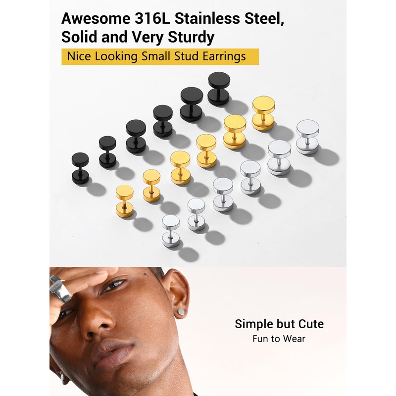 Black Stainless Steel Round Stud Earrings Flat Disk Studs Gothic