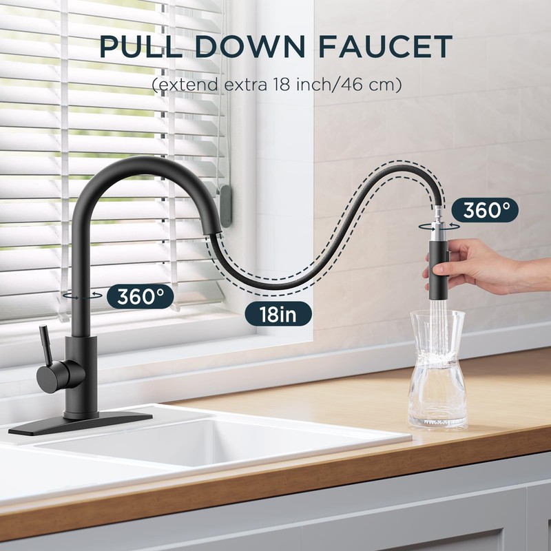 FORIOUS Black Kitchen Faucet with Pull Down Sprayer, High Arc