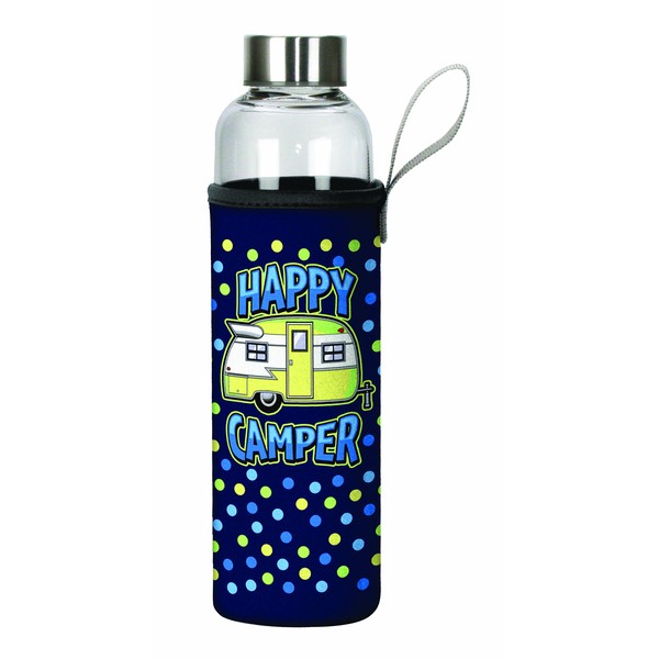 Spoontiques Happy Camper Glass Bottle with Sleeve, Navy