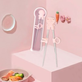 2 Pairs Training Chopsticks with Case Learning Chopstick Helper Stainless Steel Reusable Metal Beginner Chopsticks Pink and Blue