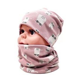 FUYAO Baby Kids Cotton Hat and Tube Scarf Set Children Toddler Spring Autumn Winter Warm Beanie Cap Scarves for Boys and Girls (Cat Pink, 6-24 Months)