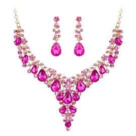 EVER FAITH Women Austrian Crystal Jewelry Set for Brides Bridemaid, Statement Flower Teardrop Necklace Drop Dangle Earrings Set for Party Fuchsia Gold-Tone