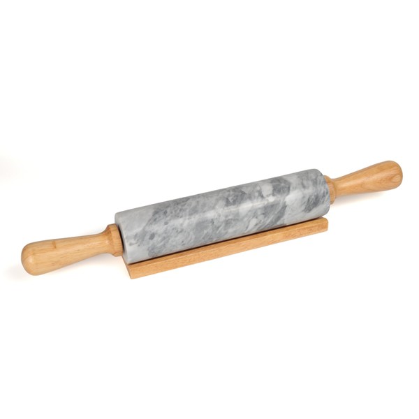 Creative Home 18" L Deluxe Natural Marble Stone Rolling Pin with Wooden Handles and Cradle, 2-1/4" Diam. x, White (pattern may vary)