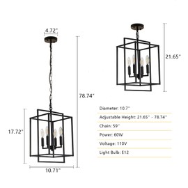 KMaiPem Vintage Black Chandelier, 4-Light Farmhouse Chandeliers for Dining Room, Modern Metal Geometric Lantern Hanging Pendant Lighting Fixture for Kitchen Island Entryway Foyer Bedroom