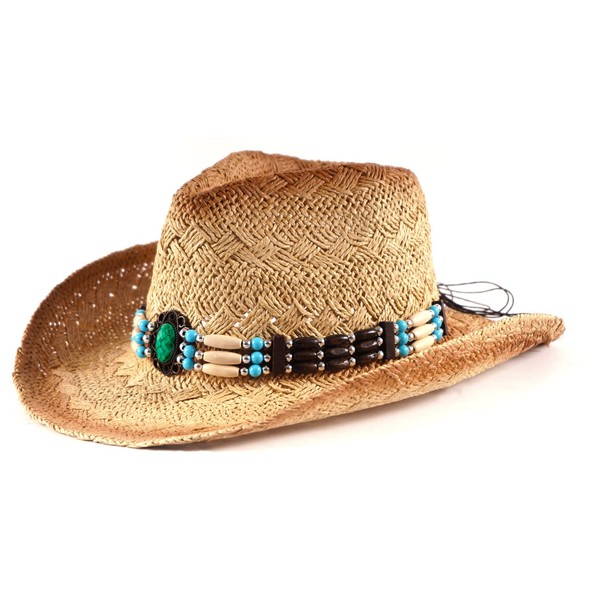 SoJourner Bags Straw Cowgirl/ Cowboy Hat for Women & Men - Cute Fun Hats for The Beach, Western Wear - Designed with Turquoise Beads Band and Adjustable Band