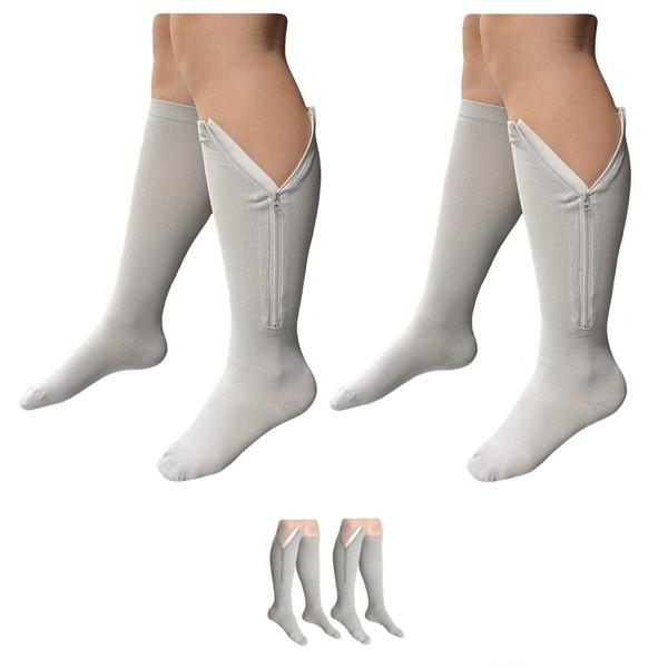 HealthyNees 2 Set Grey 15-20 or 20-30 mmHg Compression Leg Shin Calf Zipper Sock (2 Pairs - 15-20 mmHg, L/XL)