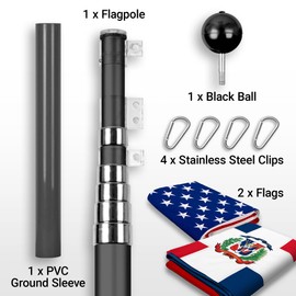 G128 Combo Pack: 25 Ft Telescoping Aluminum Flagpole (Black) & American and Dominican Republic Flags 3x5 Ft, Both ToughWeave Series Embroidered Polyester | Pole with Flags Included