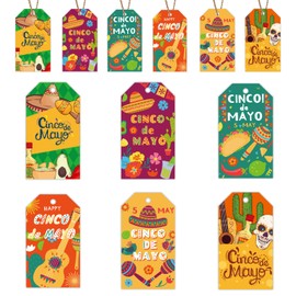 Cinco De Mayo Gift Tags 60 PCS,Mexican Fiesta Hanging Tag with String Cactus Taco Papel Guitar Skull Sombrero Jalapenos Paper Labels Thank You Tags for Mexican Themed Party Favors Presents Wrap
