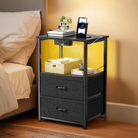 Klaus Kelsie Land Nightstand with Charging Station and LED Lights, Small Night Stand for Bedroom with Fabric Drawer and Storage Shelf, End Table with Waterproof Top, Easy Assembly, Black