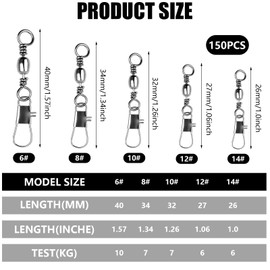 ZWQLZG Pack of 150 Fishing Accessories Swivels Fishing Swivel Fishing Swivel with Ball Bearing Swivels Stainless Steel Swivel Ball Bearing Swivel Fishing Snap 5 Size 6# 8# 10# 12# 14# (Type A)