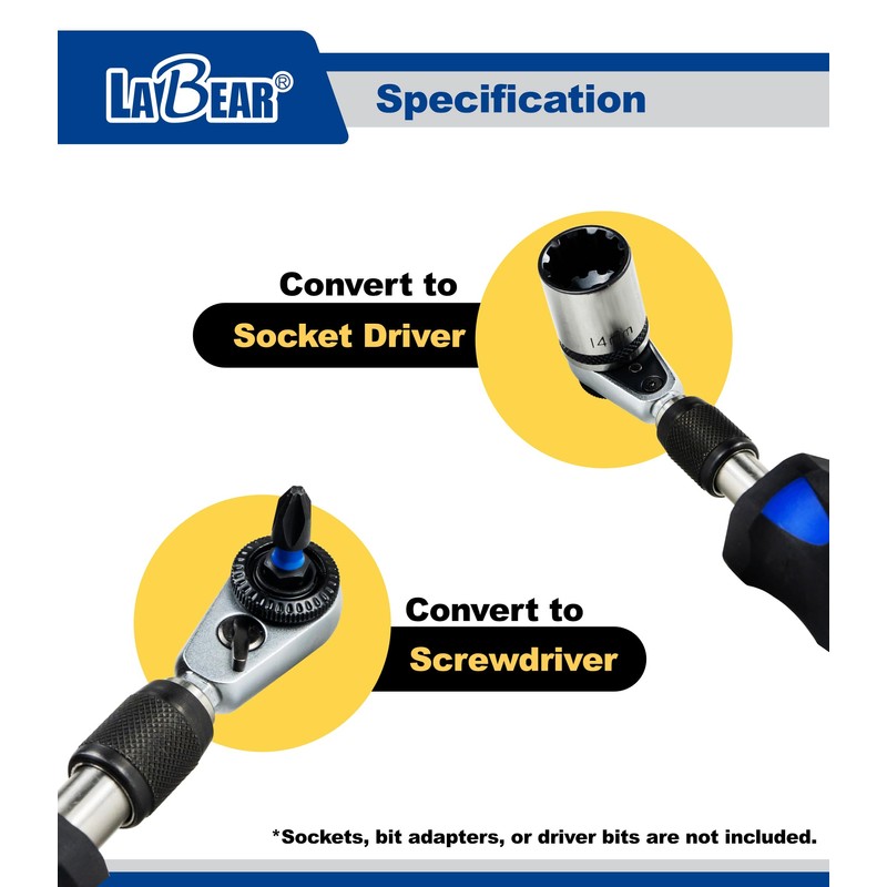 LABEAR 2-in-1 Mini Ratchet Wrench Adapter, Magnetic 1/4" Hex Bit