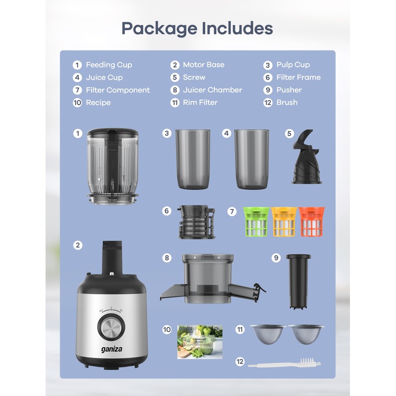 Ganiza Juicer Machines, Slow Masticating Juicers with Large Feed Chute