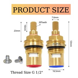 VZU 2PCS 1/2" Bath Tap Cartridge Valve 53MM 20 Teeth Bath Hot/Cold Mixer Brass Tap Valve Bath Tap Cartridge Valve Ceramic Disc Cartridge Replacement for Bathroom Kitchen Tap