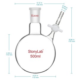 Stonylab Reaction Flask - Borosilicate Glass Single-Neck Flask with 24/40 Joint and PTFE Stopcock Valve, Round Bottom, 500 ml