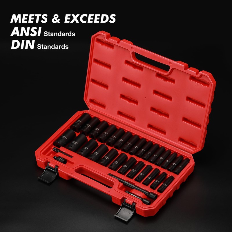 CASOMAN 3/8-Inch Deep Impact Socket Set, Metric & SAE, 31Piece