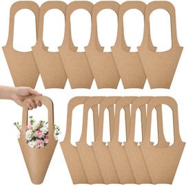 Cosmos 12 Pcs Kraft Paper Flower Gift Bags Bouquet Wrapping Bags with Handle Flower Bouquet Holder Floral Bags Flower Wrapping Sleeve Brown Gift Carry Bags for Flower Arrangement Packing Wedding