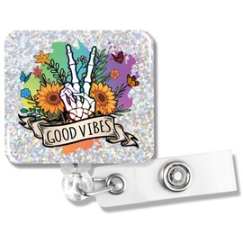 PUVOXHO Good Vibes Funny Skeleton Hand Glitter Badge Reel, Retractable Badge Holder with Alligator Clip for RN ER Medical Worker, Inspirational Birthday Gifts for Doctor Nurse Nursing Student