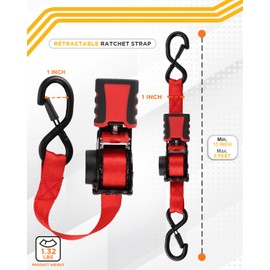 Strapinno 4pcs Retractable Ratchet Straps Bundle 1in x 6ft Ratchet Tie Down with Rubber Coated Steel Handle, S Hooks, Breaking Strength 1500 lbs Each (Red Strap, Black Coated Buckle)