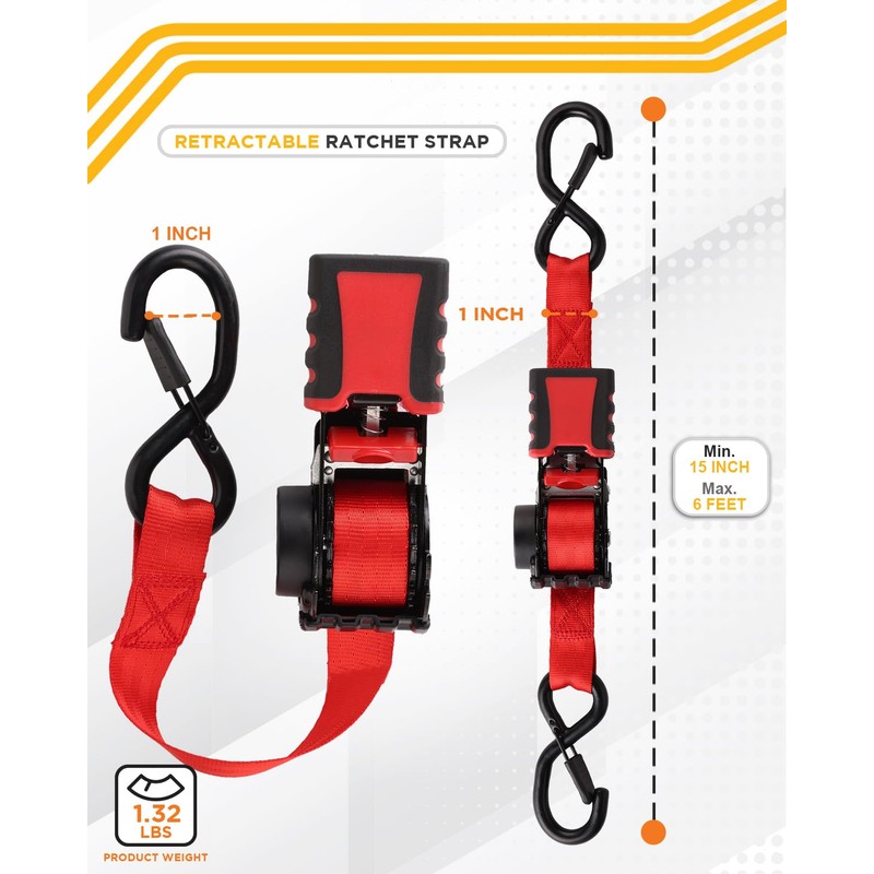 Strapinno 4pcs Retractable Ratchet Straps Bundle 1in x 6ft Ratchet