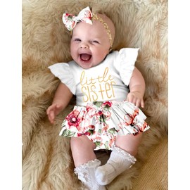 ADIFUN Baby Girl Clothes,3-6 Months Baby Girl Summer Clothes Outfit,Baby Girl Romper Sets Little Sister Ruffle Short Sleeve Top +flower Shorts+ Bow Hairband 3Pcs Set