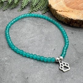 Sea Green Frosted Glass Bead Anklet with Silver Plated Paw Print Charm on Elastic : Small/Medium 9.5 inches