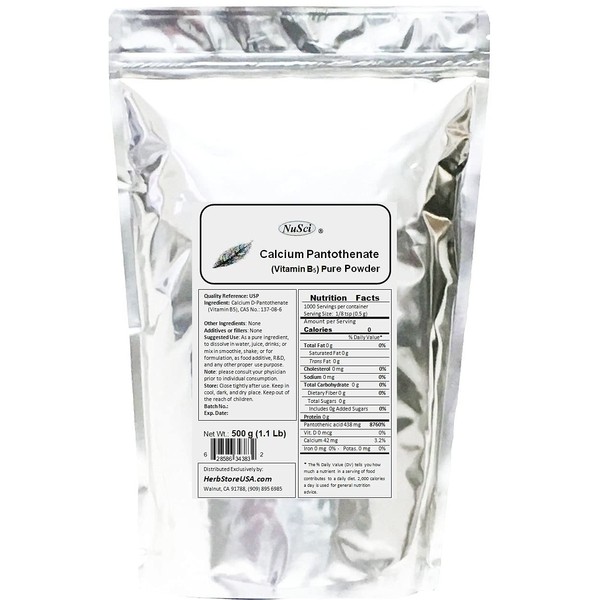NuSci Calcium D-Pantothenate Vitamin B5 500 Grams (1.1 lb, 17.6 oz) Pure Powder