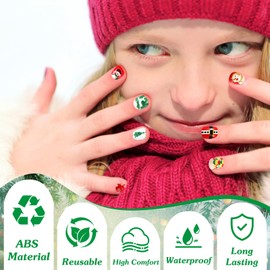 JSRQT 4Pcs Christmas False Nail Tips for Kids, Full Cover Press on Nails for Children, Christmas Tree Snowman Santa Claus Elk Short Square Fake Nail Artificial Stick on Nails for Fingernails Manicure