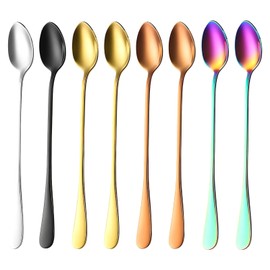 8-Piece Latte Macchiato Spoon Set, 19.3 cm Long Spoon, Cocktail Spoon for Ice Cream Sundaes and Desserts, 5 Colours Stainless Steel Dessert Spoon for Iced Coffee, Ice Cream Spoon, Latte