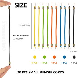 Framendino, 20 Pack Mini Bungee Cords with Hooks 10 inch Short Rubber Elastic Cord Small Adjustable Bungees for Outdoor Tent Tarp Luggage Roof Rack Hang