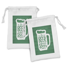 Ambesonne Irish Pub Fabric Pouch Set of 2, Funny Shakespeare Beer Drinking Words Mug Silhouette on Wooden Backdrop, Small Drawstring Bag for Toiletries Masks and Favors, 9" x 6", Jade Green and White