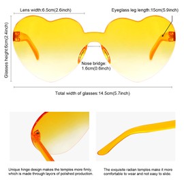 JFTOWN 12 Pairs Heart Shape Rimless Valentines Sunglasses Candy Color Frameless One Piece Love Glasses for Women Party Favor（Gradient Yellow）