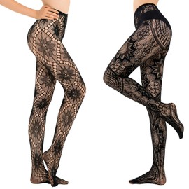 HONENNA Patterned Fishnets Tights Black Pantyhose Stockings for Women, 2 Pairs, Set E
