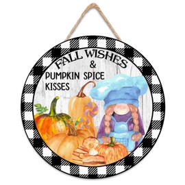 Fall Sign Fall Wishes & Pumpkin Spice Kisses Wood Sign Farmhouse Outdoor Autumn Decor with Gnome Pumpkin for Home Thanksgiving Welcome Sign Hanging Buffalo Plaid Fall Decoration 8 Inch