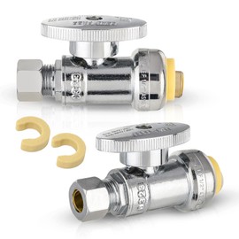 (Pack of 2) Seelink Push Fit 1/4 Turn Straight Stop Valve, 1/2" Push fit x 1/4" OD Compression, Chrome Plated Brass