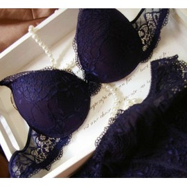 Nanier Conjunto de sujetador push up de encaje sólido para mujer, Azul marino, 38B