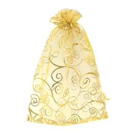 zhiheng 100pcs Organza Wedding Party Gift Bags Rattan Print Sheer Drawstring Pouches Jewelry Gift Bags Christmas Party Gift Favor Bags (Gold, 3"x4")