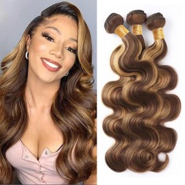 P4/27 Highlight Human Hair Bundles Body Wave Bundles Human Hair 16 18 20Inch Body Wave Bundles Ombre Brown Double Weft Hair Extensions