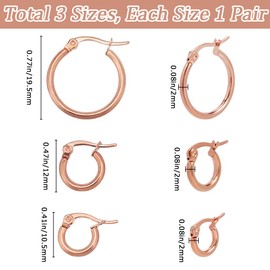 SOFPLATE 1 Box 3 Pairs 3 Styles Rose Gold Earring Hoops Huggie Hoop Earrings Set Small Tiny Round Circle Shiny 10.5mm 12mm 19.5mm 201 Stainless Steel French Earrings Hooks for Women Men Decoration,