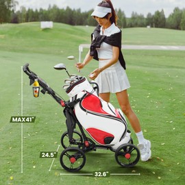 Clyvira 4-Wheel Golf Push Cart, 1-Click Folding, 300 lbs Load Capacity, Large Storage with Cup Holder, Cooler Bag, 10" Durable Wheels with Brake for All-Terrain, CruiseMaster V8 Golf Cart (Black)