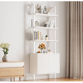 INNOD 74" Tall Bookshelf with Storage Cabinet, Modern Ladder Shelf with Wood and Metal Frame, Wall Mount Bookcase Open Display Shelf Furniture for Living Room, Bedroom, Home Office, White