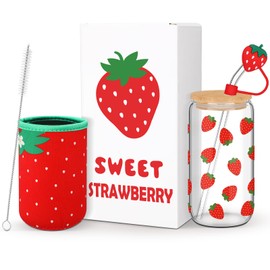 Reallnaive Gifts for Women Aesthetic Glasses Cup with Lid and Straw, Straw Stopper and Cup Sleeve, 16 oz Aesthetic Glasses Cup Gifts Box for Mom, Teacher, Friend(Red Strawberry)