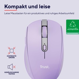 Trust Ozaa Leise Kabellose Maus Bluetooth + 2.4GHz, Kompakte Mehrgeräte Funkmaus, 60% Recyclingkunststoff, Wiederaufladbare Bluetooth Maus Laptop PC Computer Windows Android Mac - Purpur