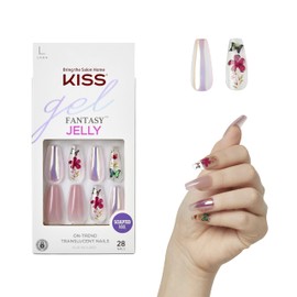 KISS Gel Fantasy Press On Nails, Nail glue included, 'Jelly Cookie', Pink, Long Size, Coffin Shape, Includes 28 Nails, 2g glue, 1 Manicure Stick, 1 Mini File